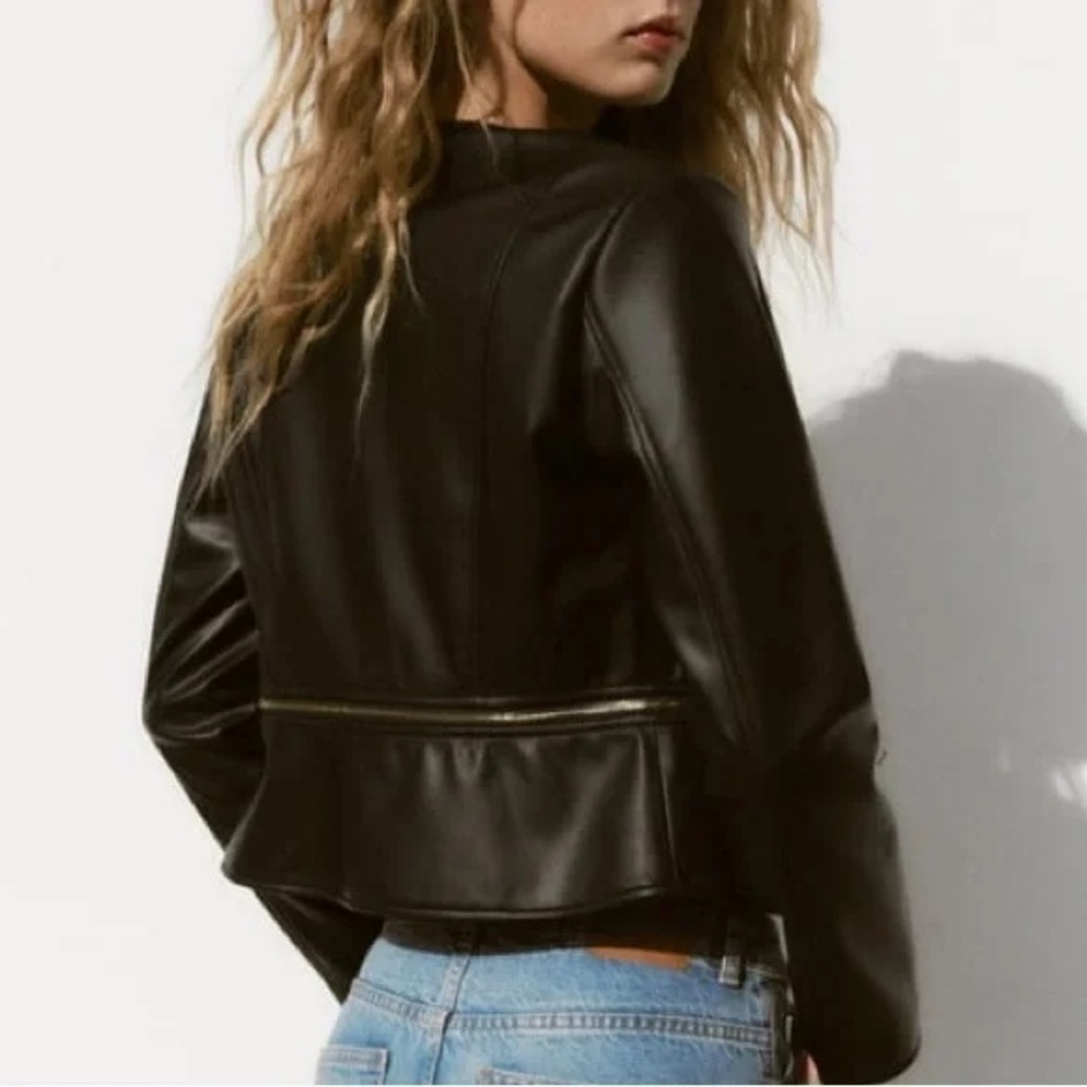 NWT ZARA Black 2 in 1 Faux Leather Snap Jacket Zip Crop Length Sz xs - Picture 7 of 16